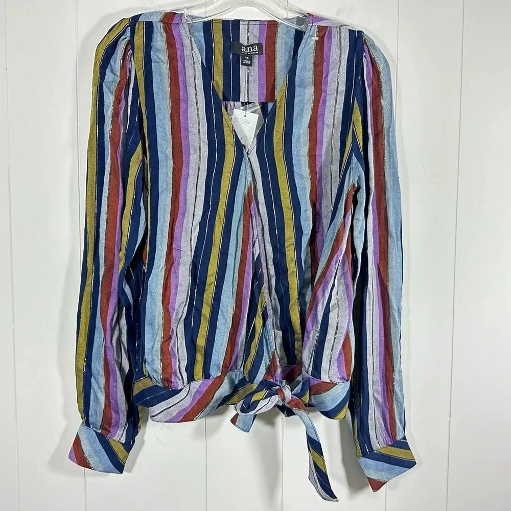 A.n.a stripped multicolor double breast wrap shirt long sleeve top